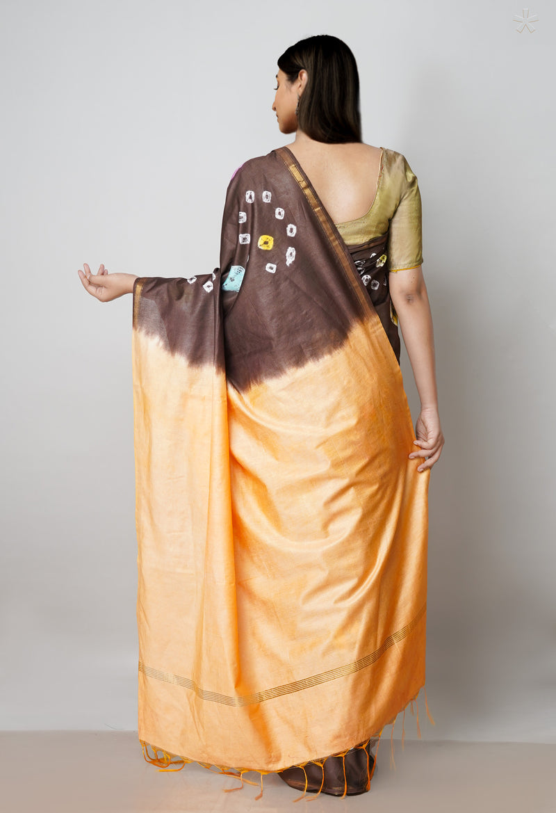 Dark Brown-Peach Orange  Batik Printed Chanderi Sico Saree-UNM72987