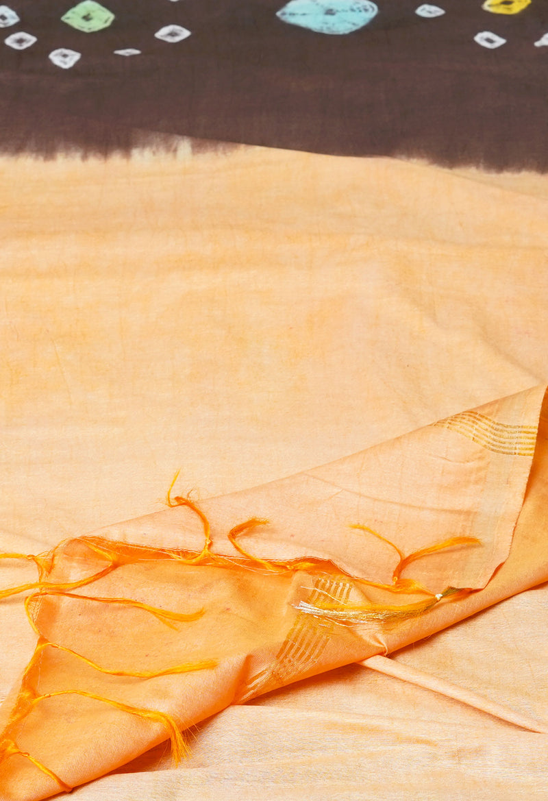 Dark Brown-Peach Orange  Batik Printed Chanderi Sico Saree-UNM72987