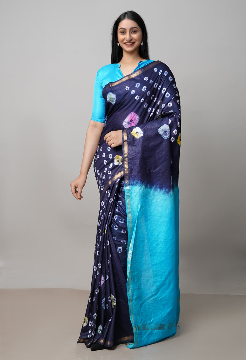 Navy Blue-Blue  Batik Printed Chanderi Sico Saree-UNM72991