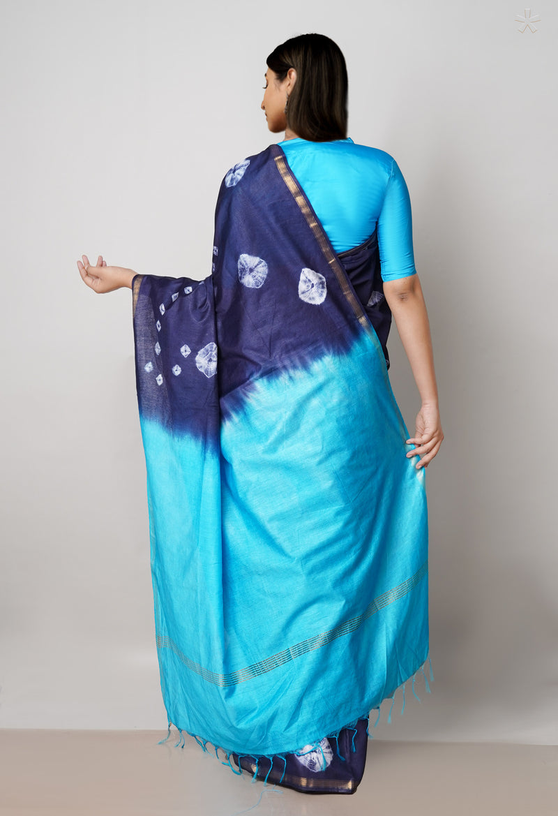 Navy Blue-Blue  Batik Printed Chanderi Sico Saree-UNM72992
