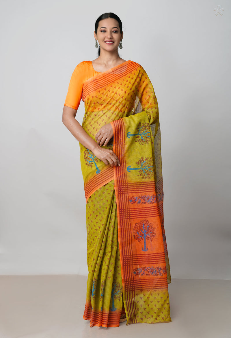 Mehndi Green Pure  Block Printed  Kota  Cotton Saree-UNM73000
