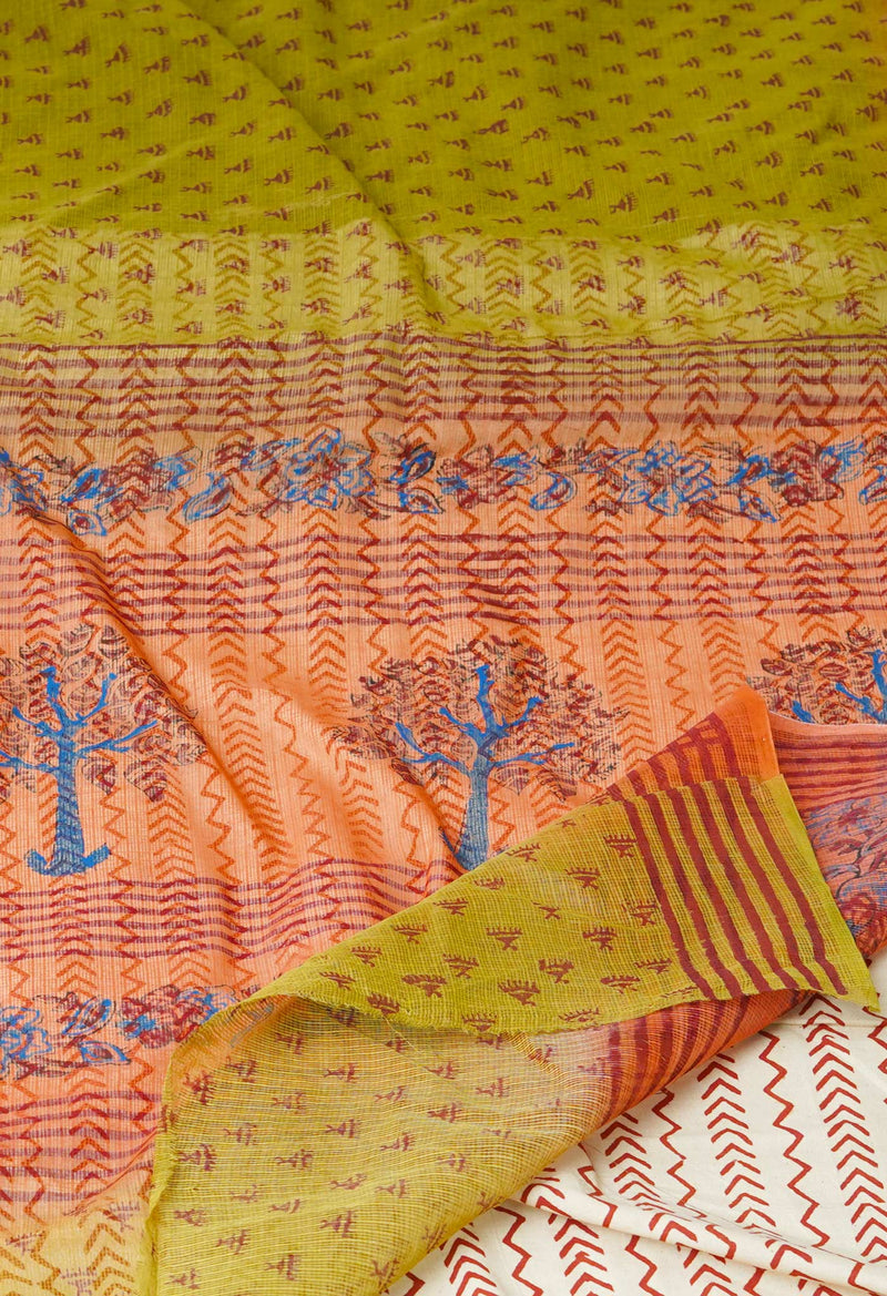 Mehndi Green Pure  Block Printed  Kota  Cotton Saree-UNM73000