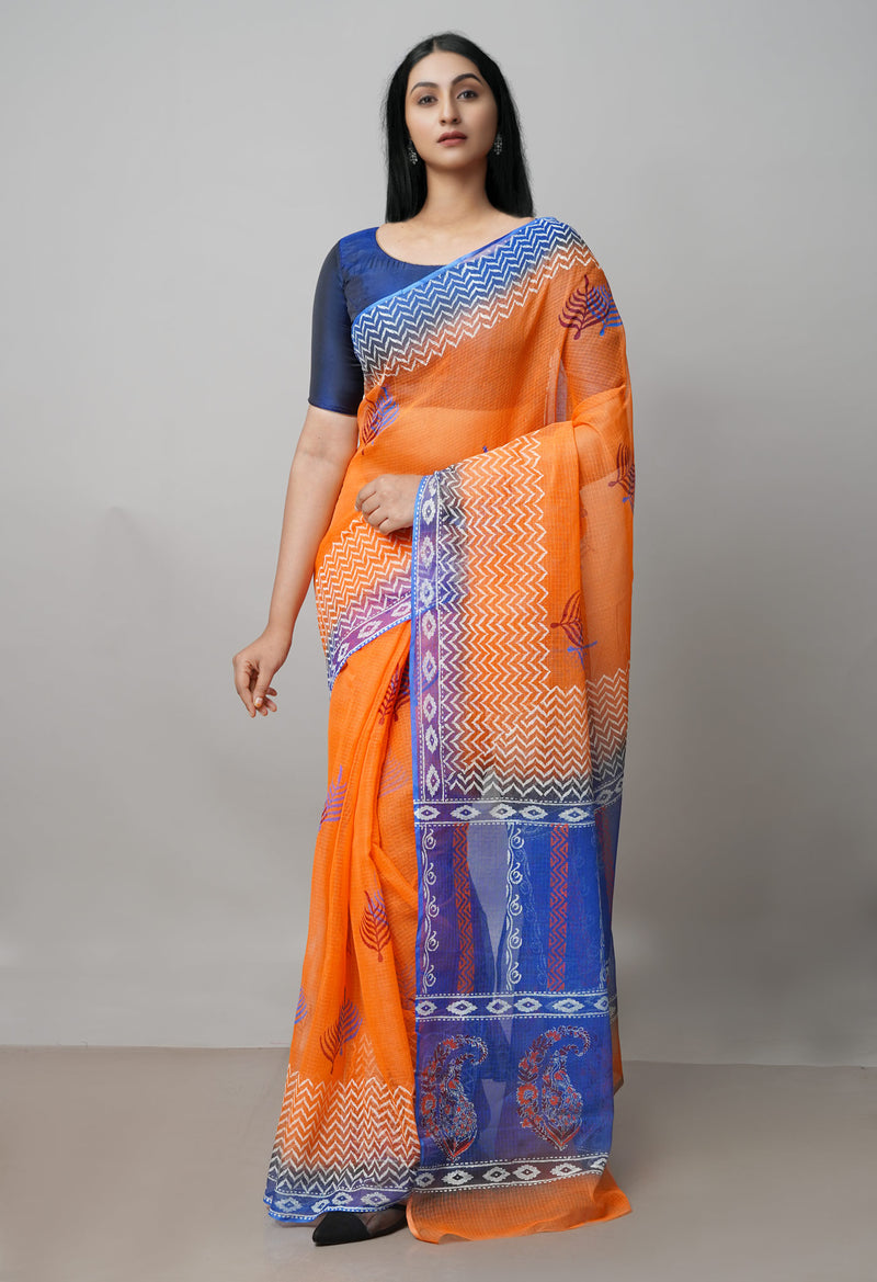 Orange Pure  Block Printed  Kota  Cotton Saree-UNM73001