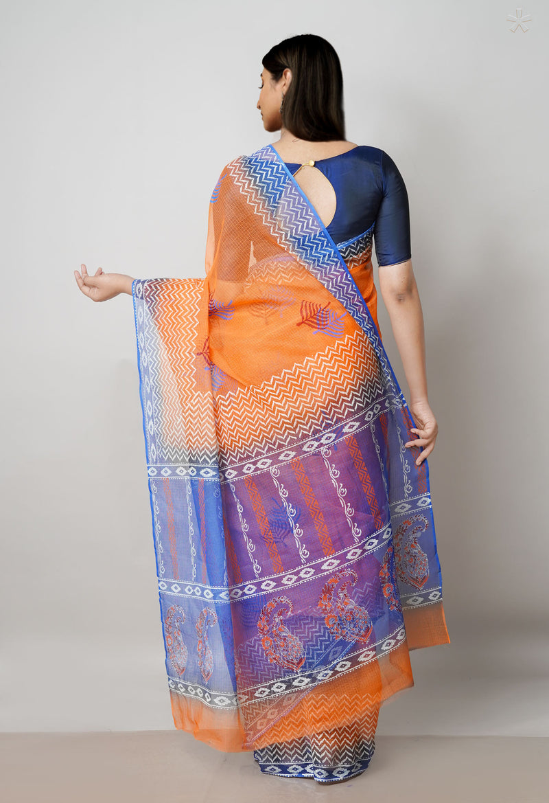 Orange Pure  Block Printed  Kota  Cotton Saree-UNM73001