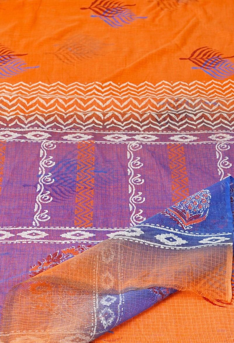 Orange Pure  Block Printed  Kota  Cotton Saree-UNM73001