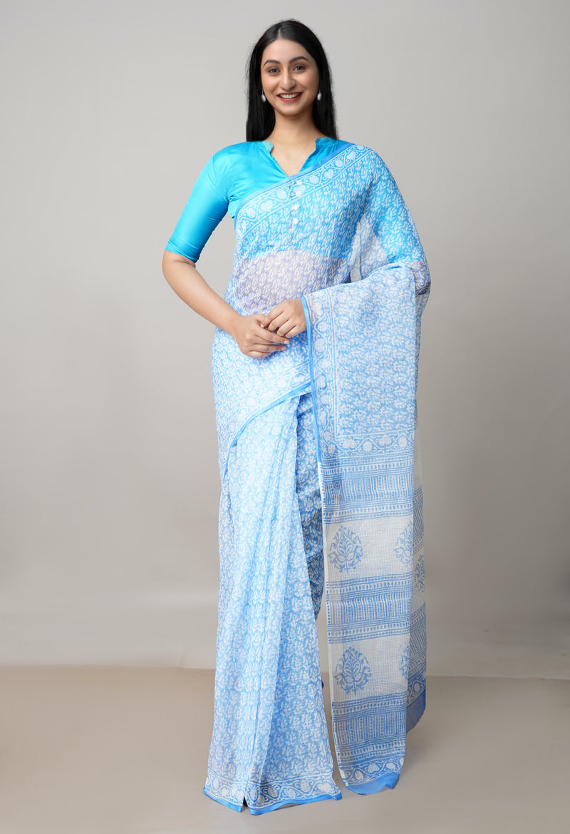 Blue Pure  Block Printed  Kota  Cotton Saree-UNM73002