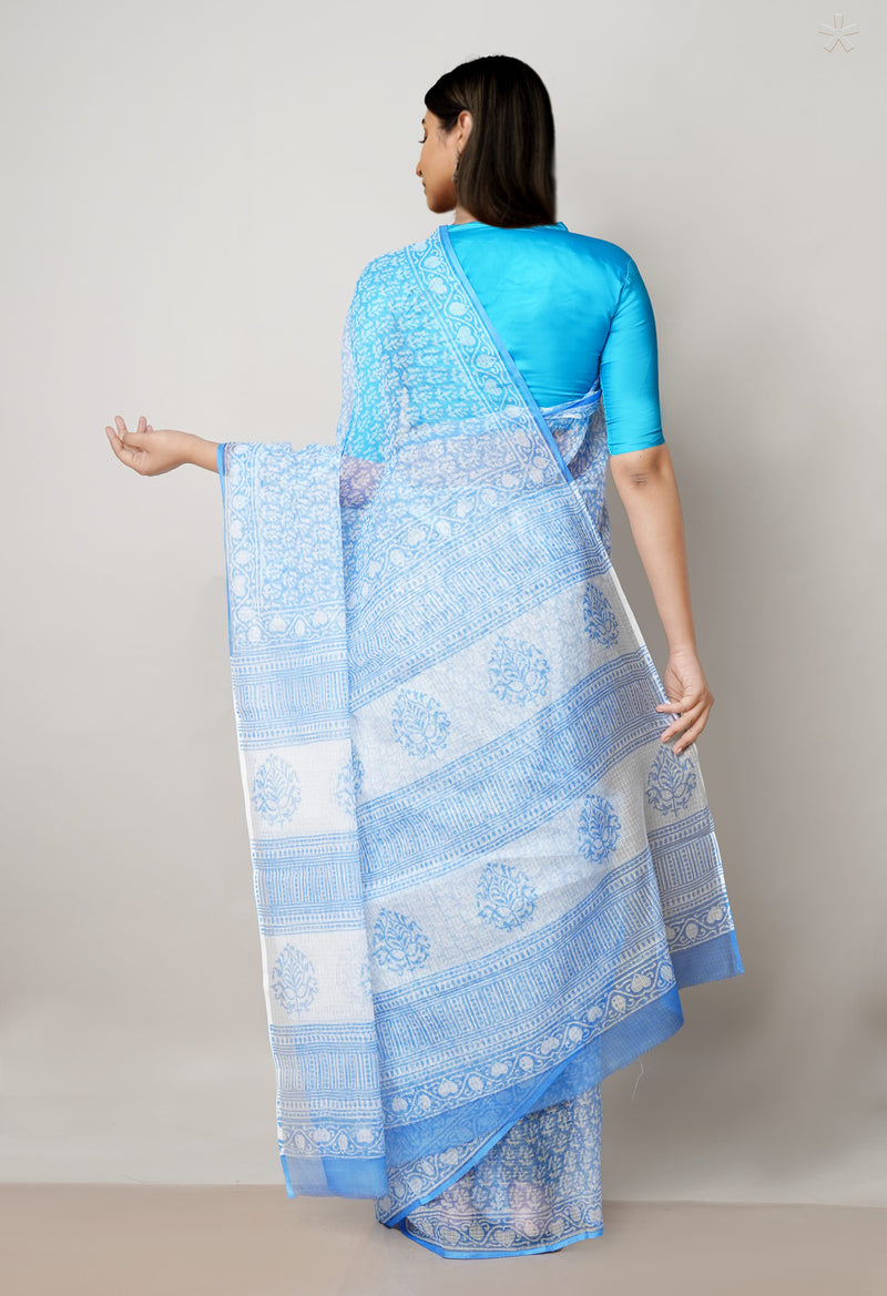 Blue Pure  Block Printed  Kota  Cotton Saree-UNM73002