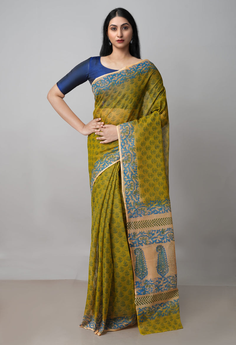 Mehndi Green Pure  Block Printed  Kota  Cotton Saree-UNM73006