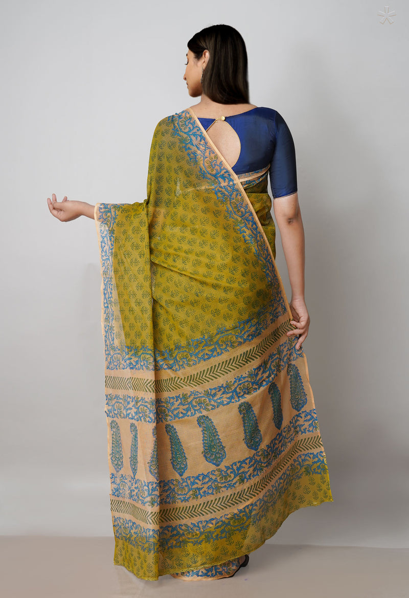 Mehndi Green Pure  Block Printed  Kota  Cotton Saree-UNM73006