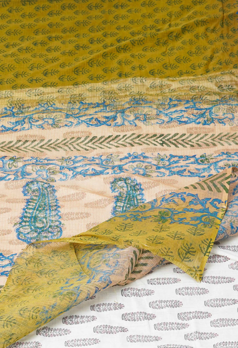 Mehndi Green Pure  Block Printed  Kota  Cotton Saree-UNM73006