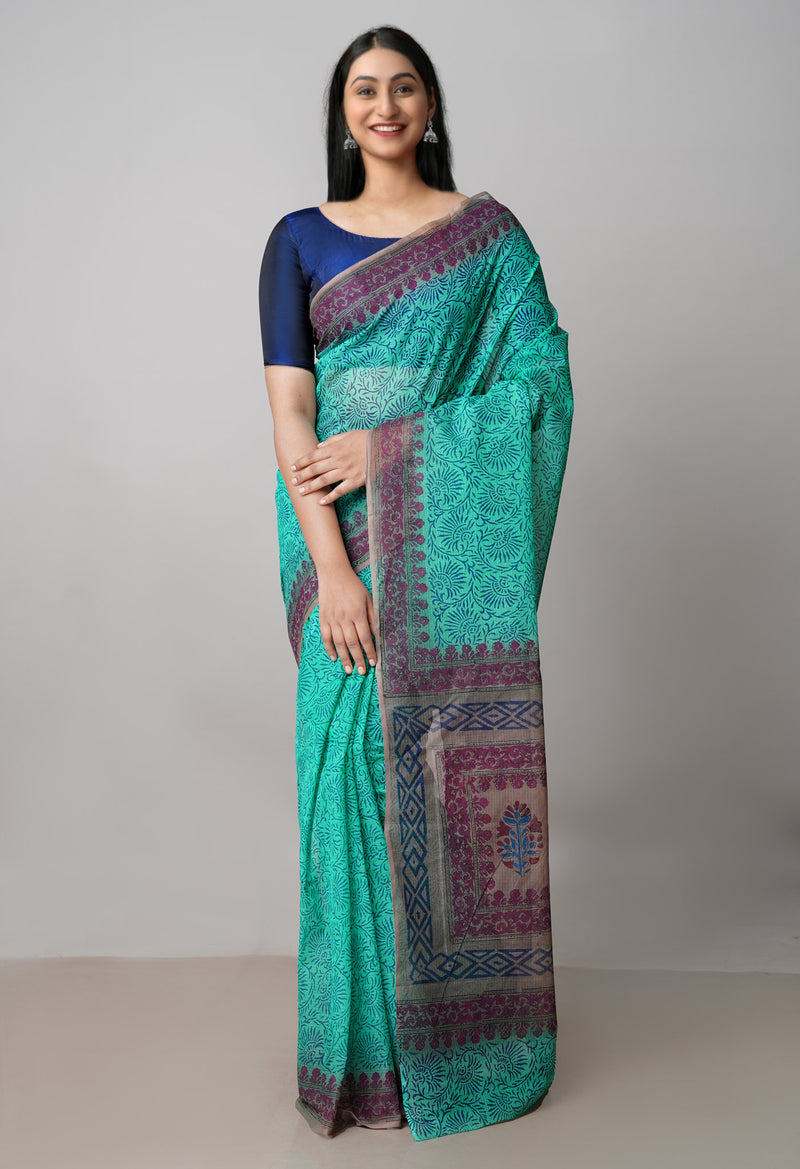 Green Pure  Block Printed  Kota  Cotton Saree-UNM73007