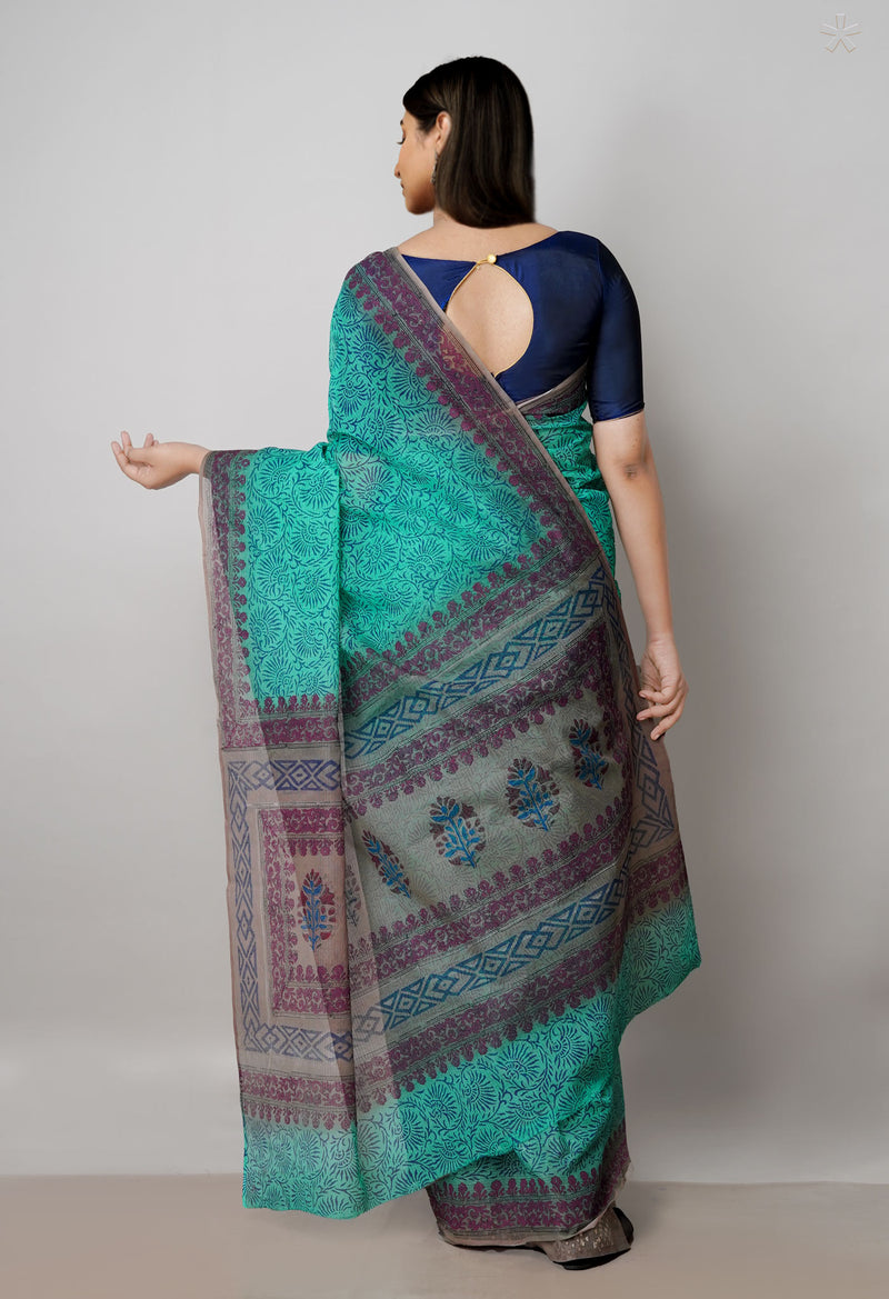 Green Pure  Block Printed  Kota  Cotton Saree-UNM73007