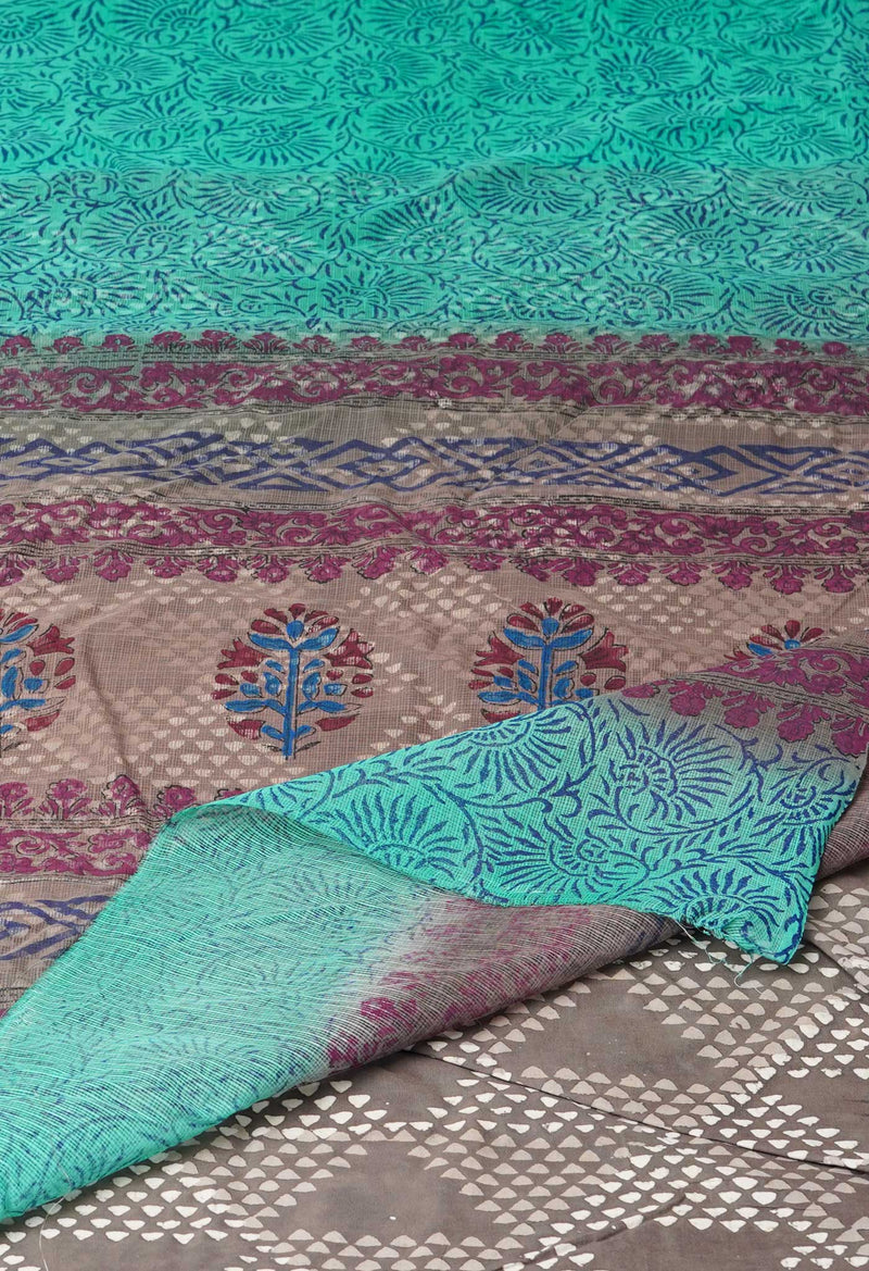 Green Pure  Block Printed  Kota  Cotton Saree-UNM73007