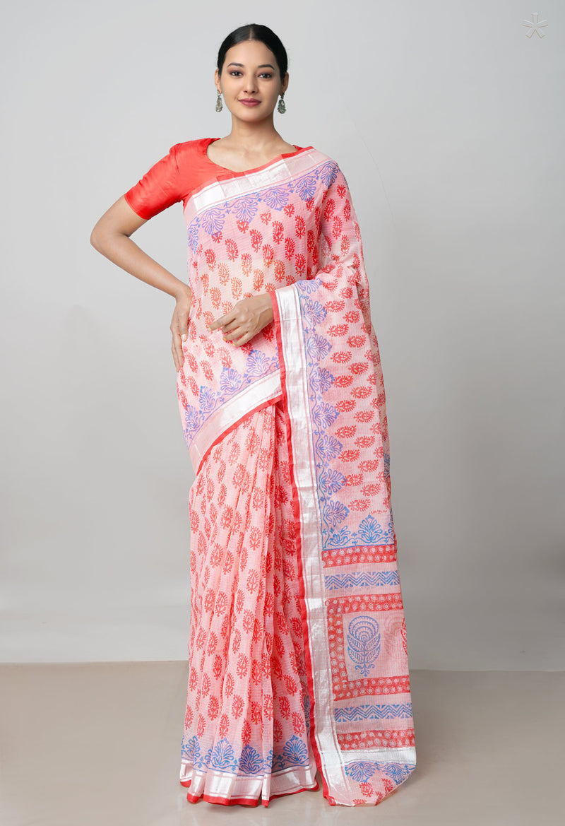 Peach Orange Pure  Block Printed  Kota  Cotton Saree-UNM73031