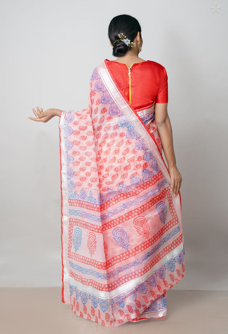 Peach Orange Pure  Block Printed  Kota  Cotton Saree-UNM73031