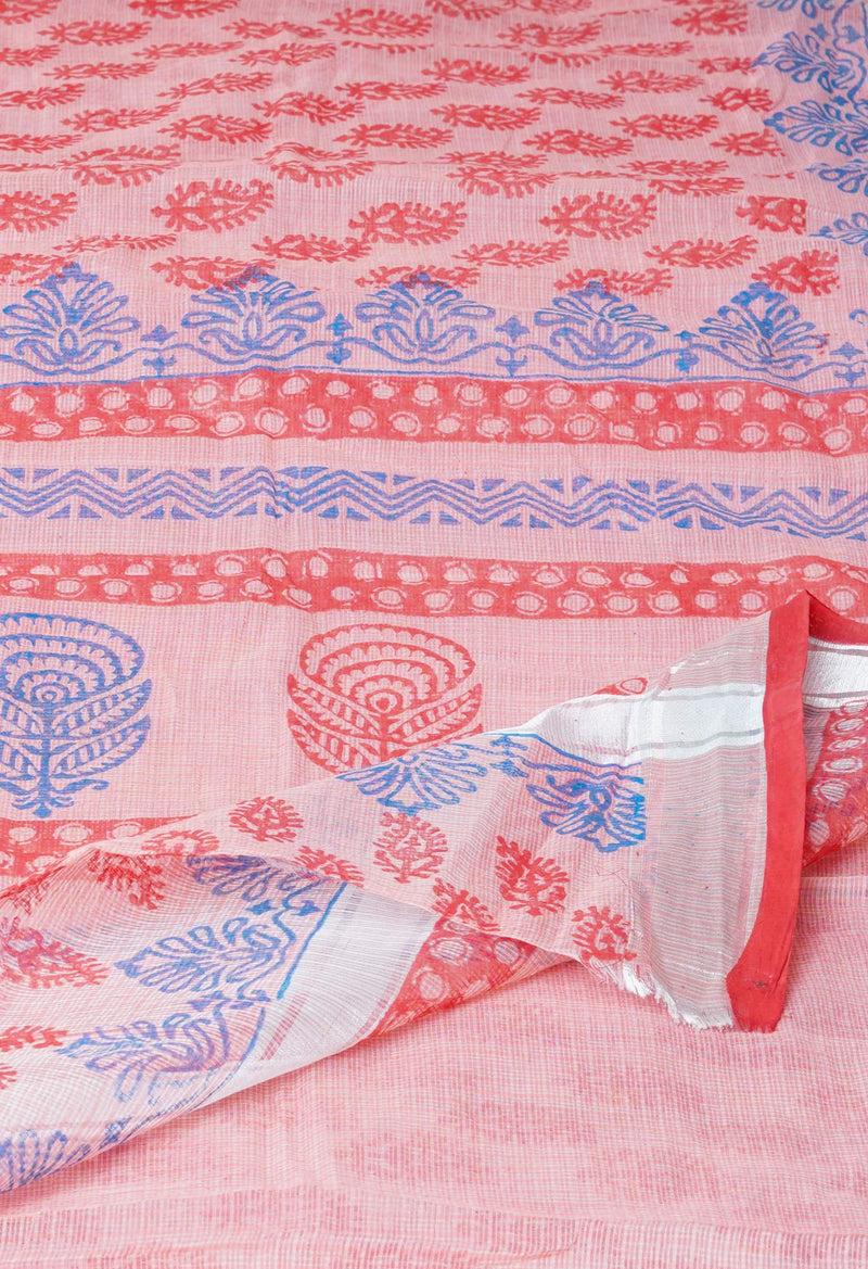 Peach Orange Pure  Block Printed  Kota  Cotton Saree-UNM73031