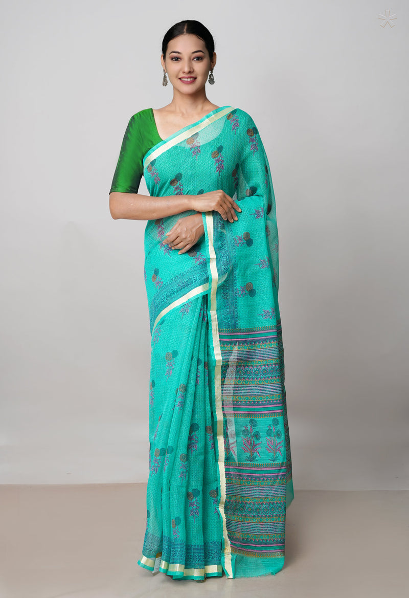 Green Pure  Block Printed Supernet Cotton Saree-UNM73032