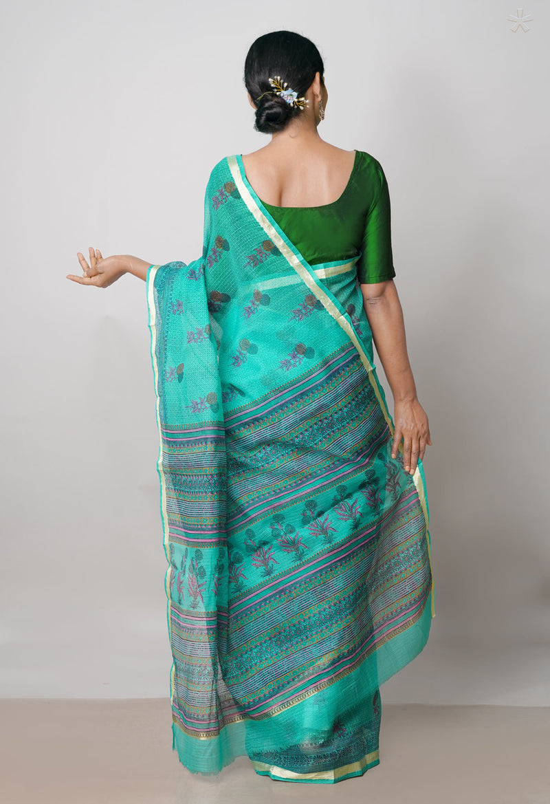 Green Pure  Block Printed Supernet Cotton Saree-UNM73032
