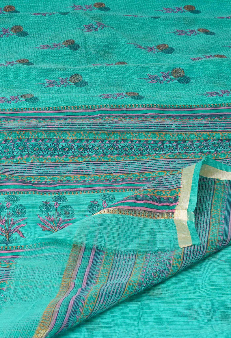 Green Pure  Block Printed Supernet Cotton Saree-UNM73032