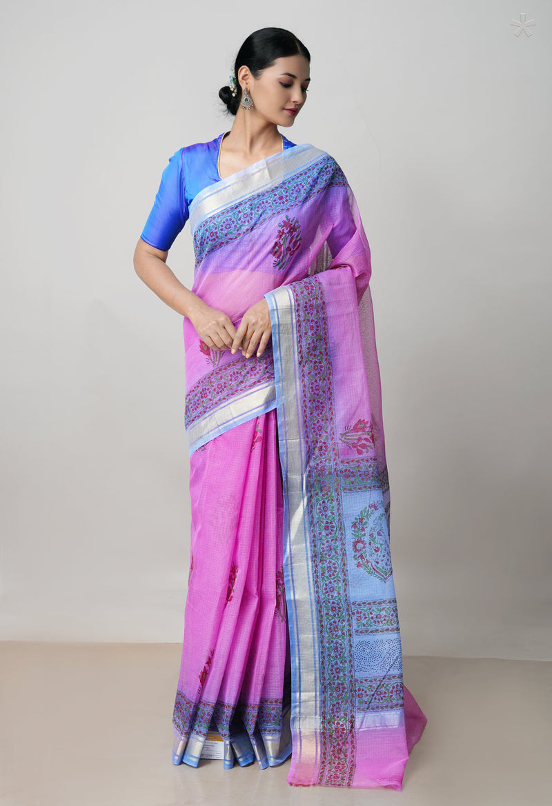 Pink Pure  Block Printed  Kota  Cotton Saree-UNM73033