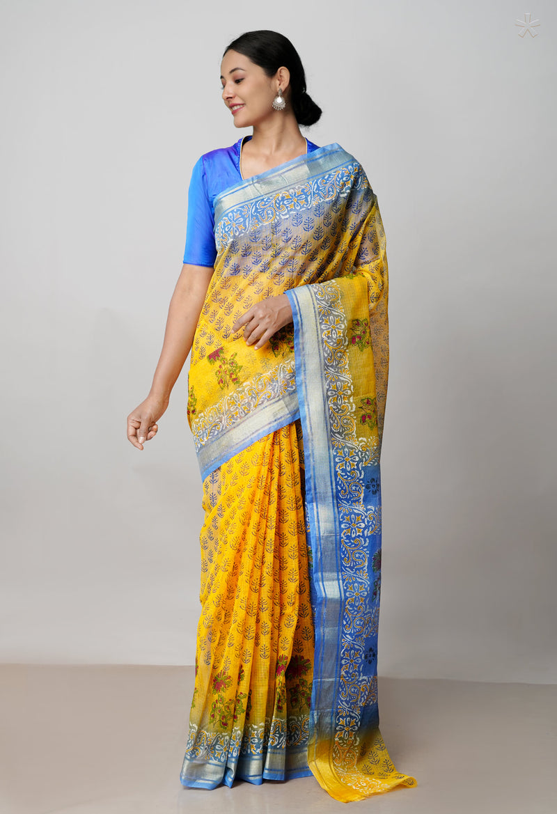 Yellow Pure  Block Printed  Kota  Cotton Saree-UNM73034