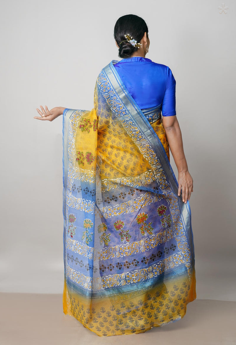 Yellow Pure  Block Printed  Kota  Cotton Saree-UNM73034