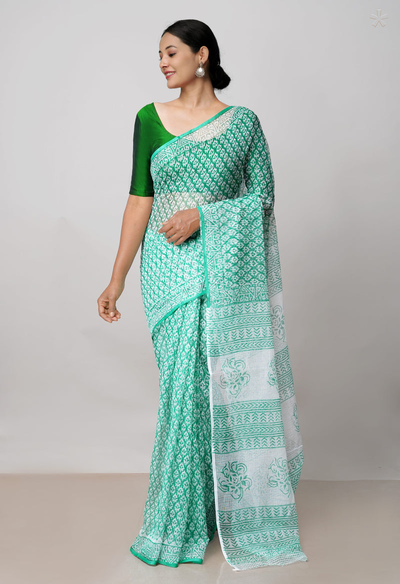 Green Pure  Block Printed  Kota  Cotton Saree-UNM73035