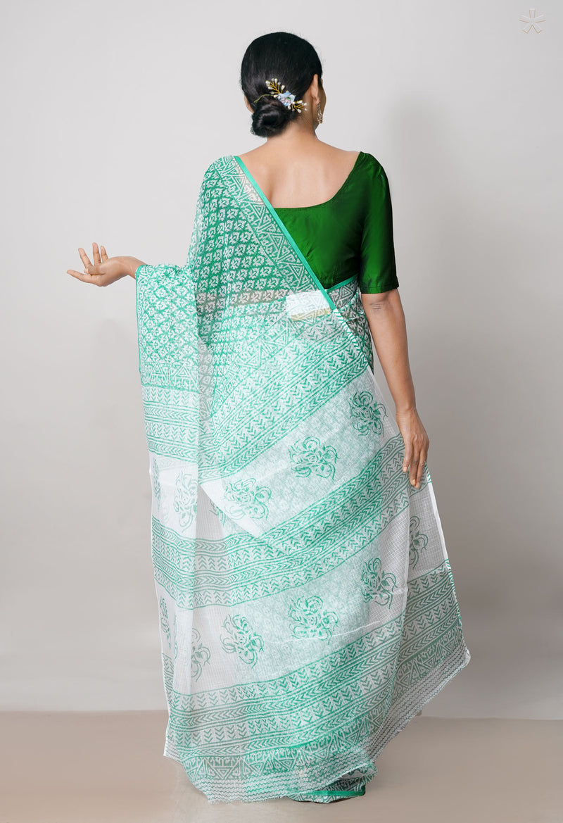 Green Pure  Block Printed  Kota  Cotton Saree-UNM73035
