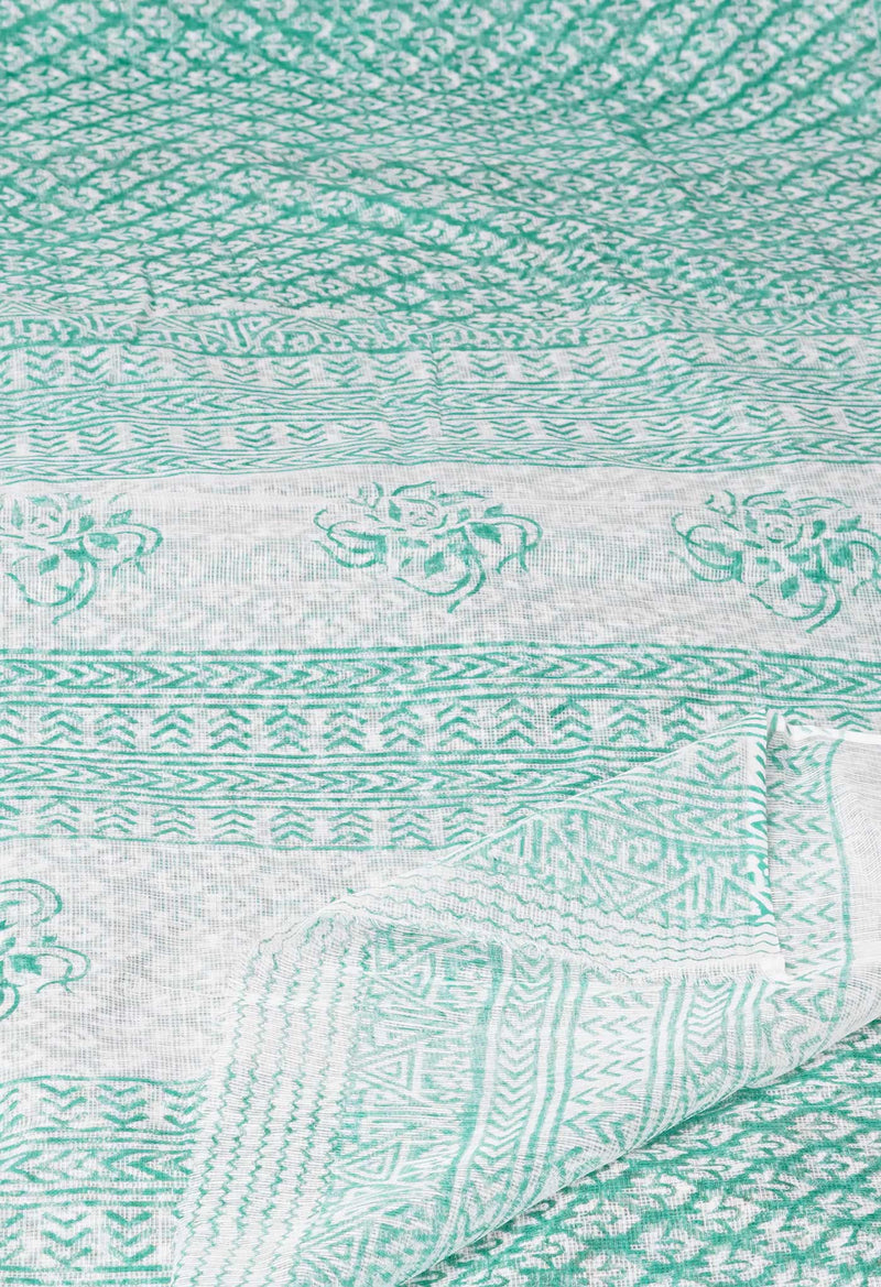 Green Pure  Block Printed  Kota  Cotton Saree-UNM73035