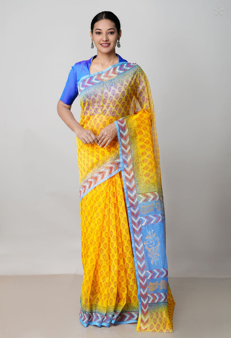 Yellow Pure  Block Printed  Kota  Cotton Saree-UNM73036