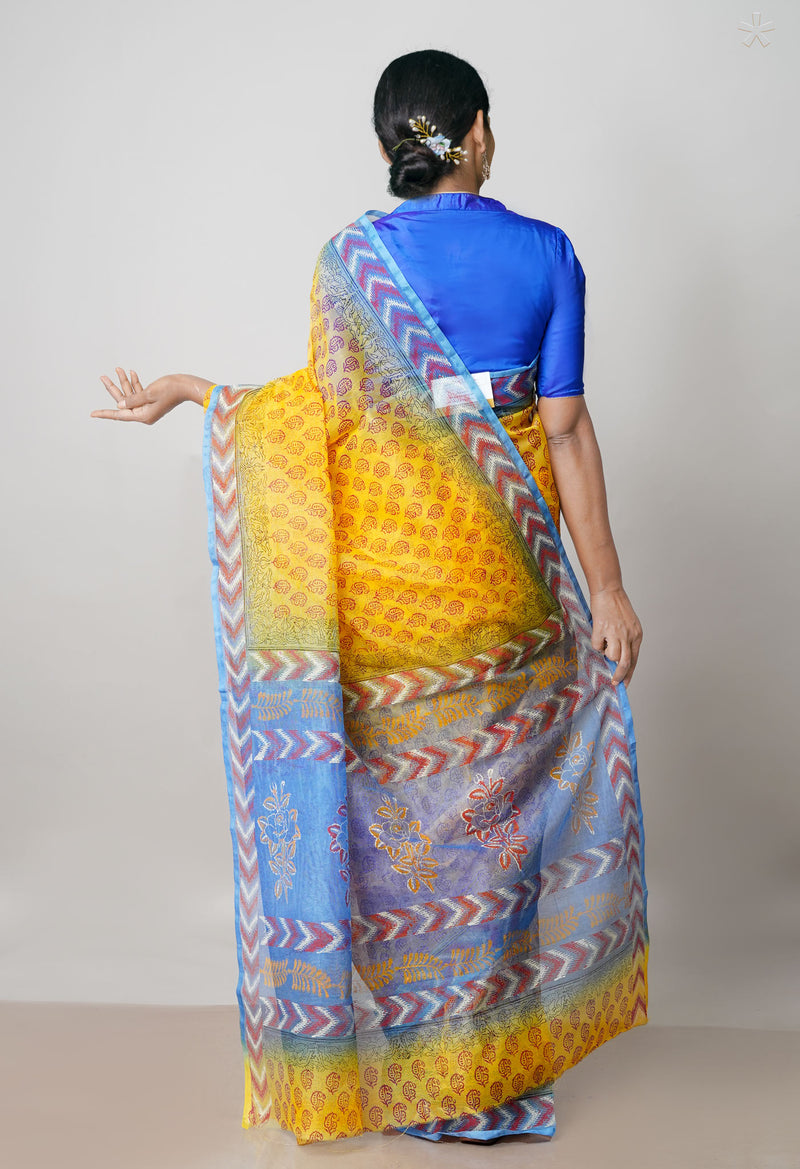 Yellow Pure  Block Printed  Kota  Cotton Saree-UNM73036