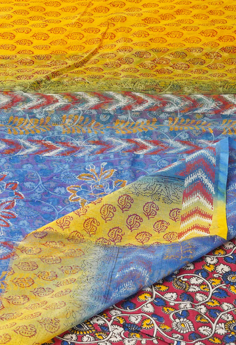 Yellow Pure  Block Printed  Kota  Cotton Saree-UNM73036