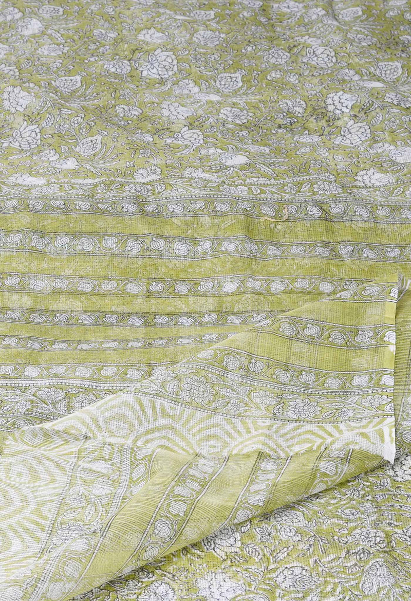 Green Pure  Block Printed  Kota  Cotton Saree-UNM73037