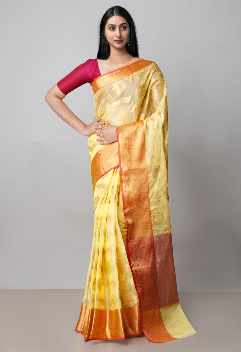 Yellow Pure  Banarasi Kota Cotton Saree-UNM73047