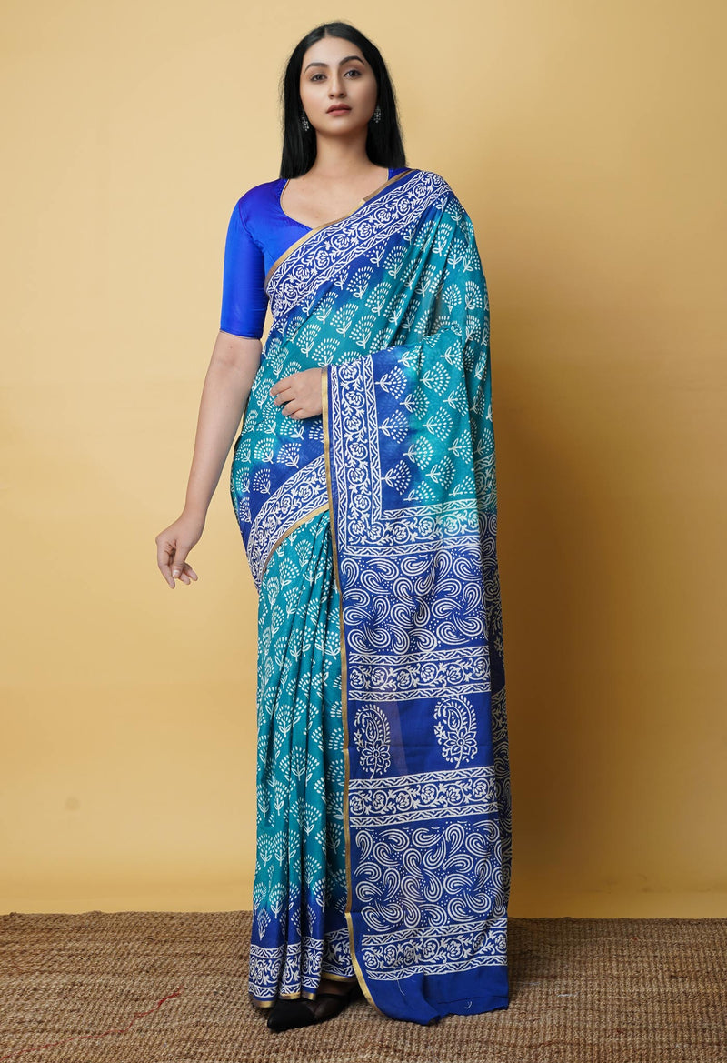 Teal Green-Blue Pure  Contrast Dye Discharge Hand Block Printed Superfine Mulmul Cotton Saree-UNM73102