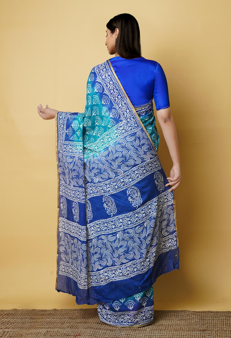 Teal Green-Blue Pure  Contrast Dye Discharge Hand Block Printed Superfine Mulmul Cotton Saree-UNM73102