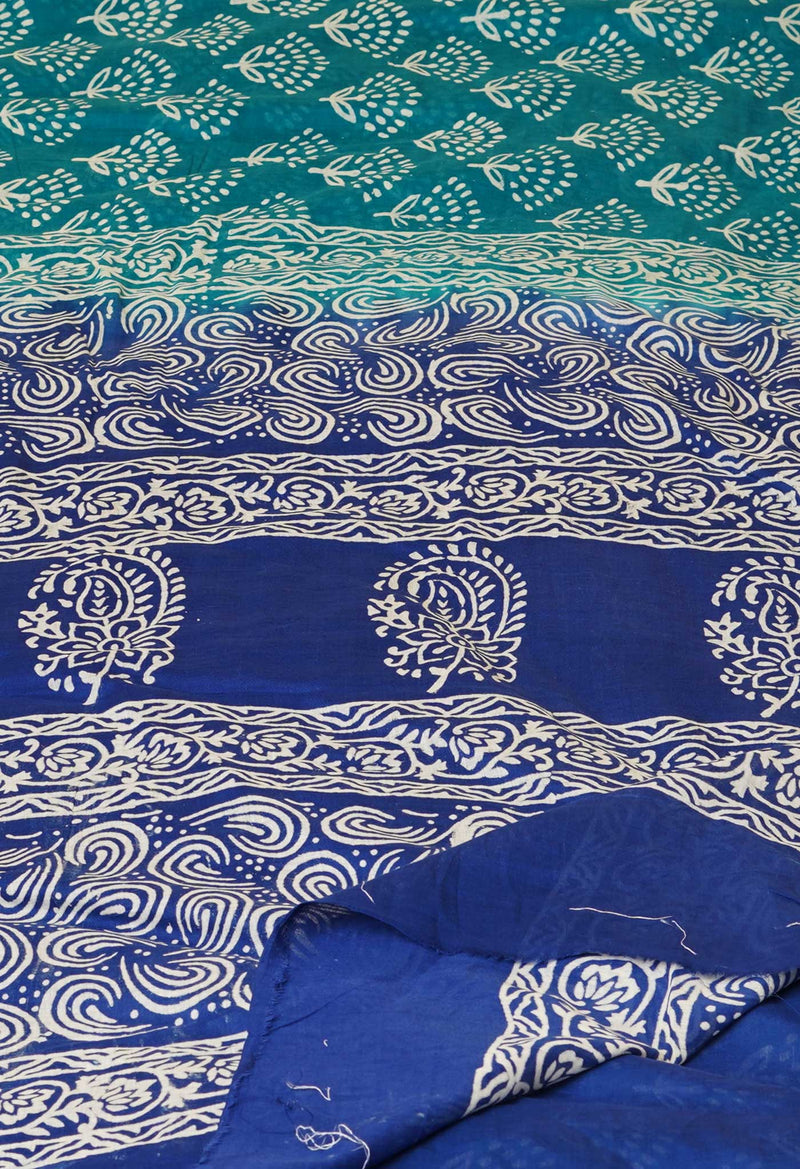 Teal Green-Blue Pure  Contrast Dye Discharge Hand Block Printed Superfine Mulmul Cotton Saree-UNM73102