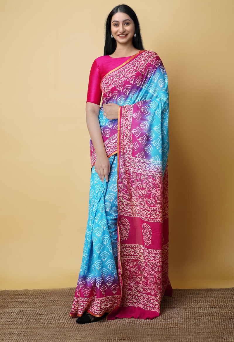 Blue-Pink Pure  Contrast Dye Discharge Hand Block Printed Superfine Mulmul Cotton Saree-UNM73106
