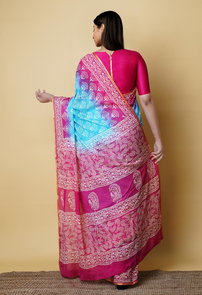Blue-Pink Pure  Contrast Dye Discharge Hand Block Printed Superfine Mulmul Cotton Saree-UNM73106