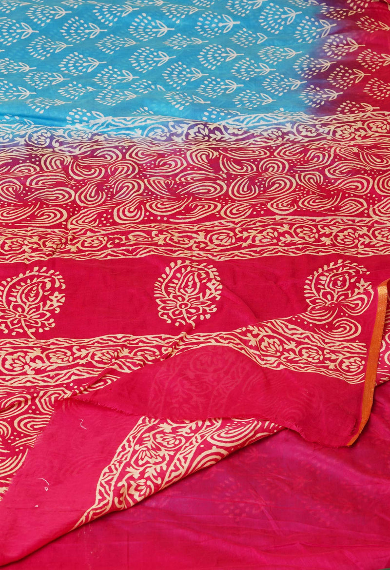 Blue-Pink Pure  Contrast Dye Discharge Hand Block Printed Superfine Mulmul Cotton Saree-UNM73106