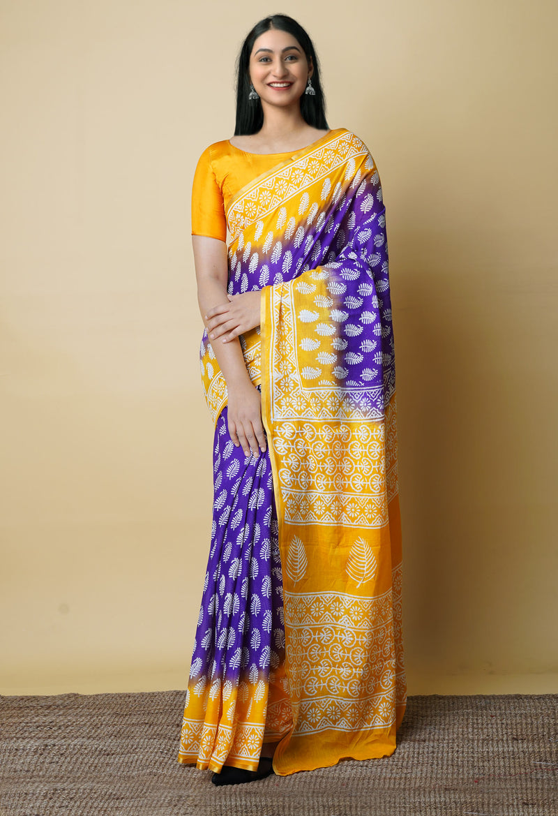 Indigo Blue-Yellow Pure  Contrast Dye Discharge Hand Block Printed Superfine Mulmul Cotton Saree-UNM73107