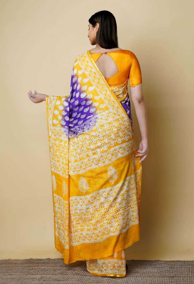Indigo Blue-Yellow Pure  Contrast Dye Discharge Hand Block Printed Superfine Mulmul Cotton Saree-UNM73107