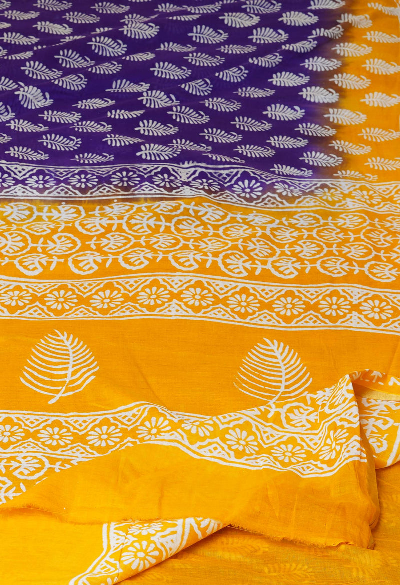 Indigo Blue-Yellow Pure  Contrast Dye Discharge Hand Block Printed Superfine Mulmul Cotton Saree-UNM73107