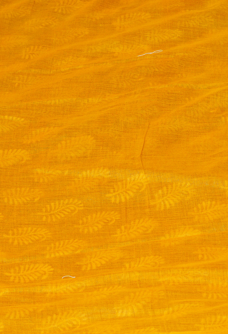 Indigo Blue-Yellow Pure  Contrast Dye Discharge Hand Block Printed Superfine Mulmul Cotton Saree-UNM73107
