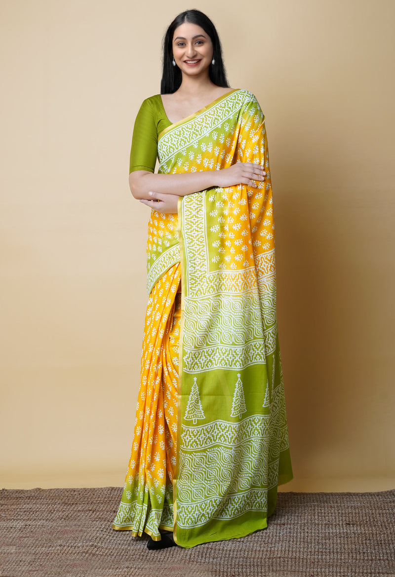 Yellow-Green Pure  Contrast Dye Discharge Hand Block Printed Superfine Mulmul Cotton Saree-UNM73110