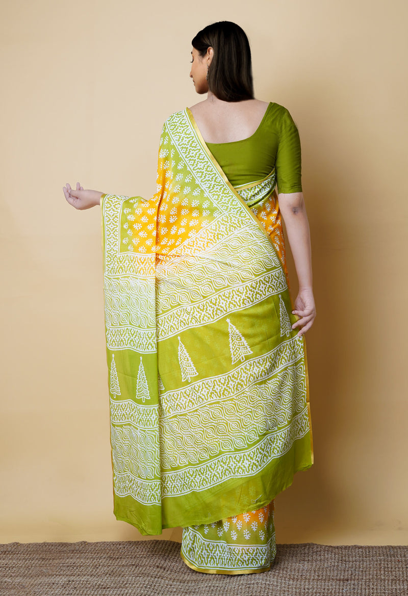 Yellow-Green Pure  Contrast Dye Discharge Hand Block Printed Superfine Mulmul Cotton Saree-UNM73110