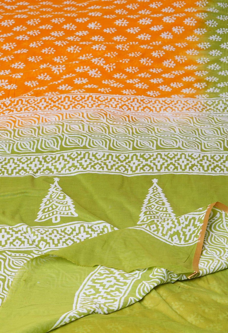 Yellow-Green Pure  Contrast Dye Discharge Hand Block Printed Superfine Mulmul Cotton Saree-UNM73110