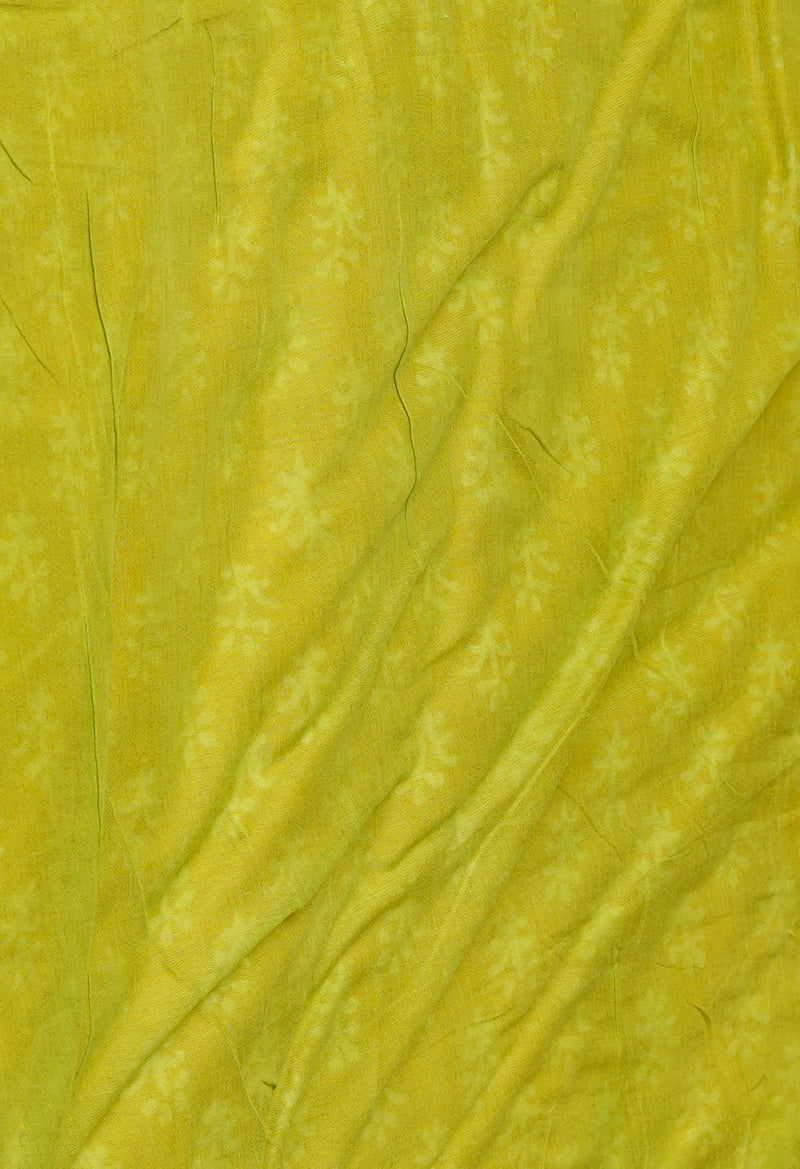 Yellow-Green Pure  Contrast Dye Discharge Hand Block Printed Superfine Mulmul Cotton Saree-UNM73110