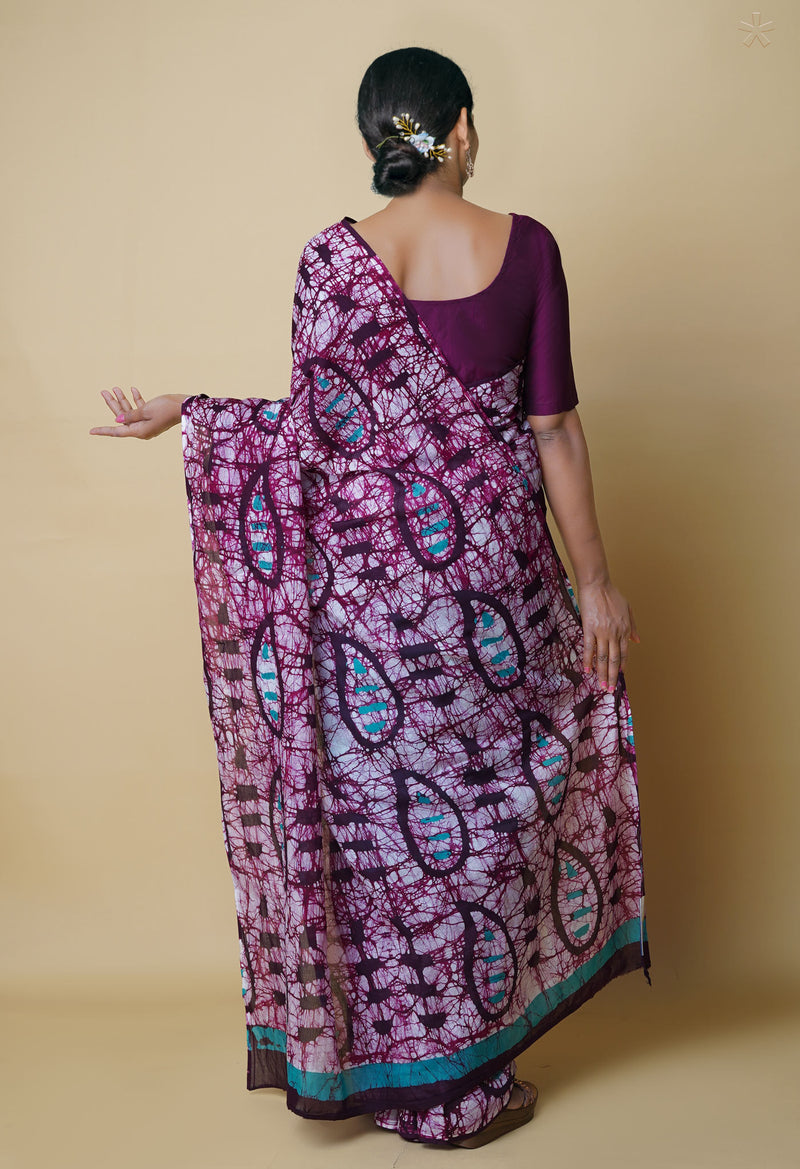 Ivory-Burgundy Pure  Hand Batik Mulmul Cotton Saree-UNM73112