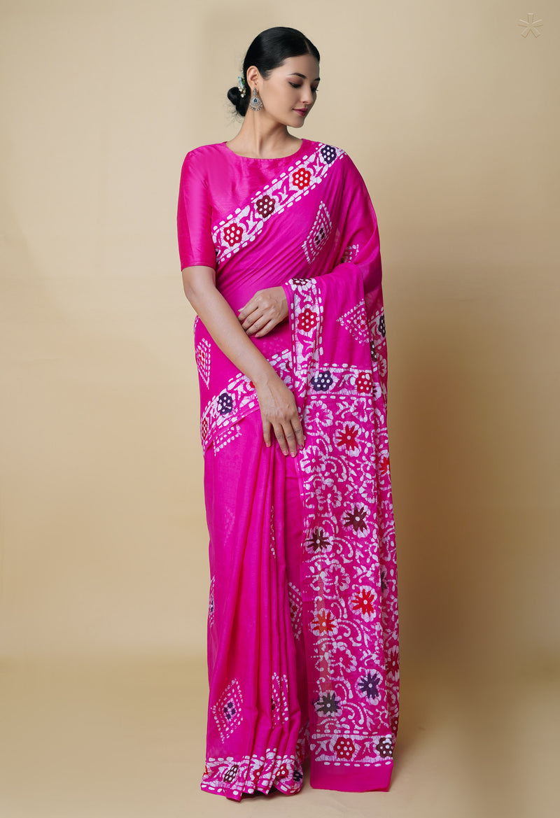 Pink Pure  Hand Batik Mulmul Cotton Saree-UNM73113